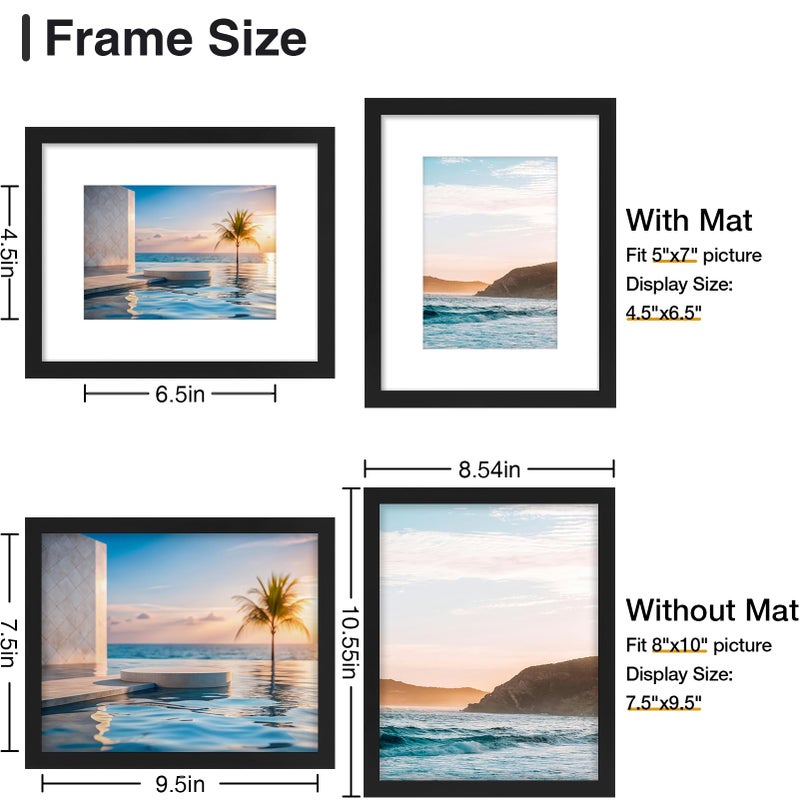 Vittanly 8x10 Picture Frames Set of 3, Display Photo 5x7 with Mat or 8x10 without Mat, Picture Frame for Wall Mount or Tabletop Display, Black - Image 3